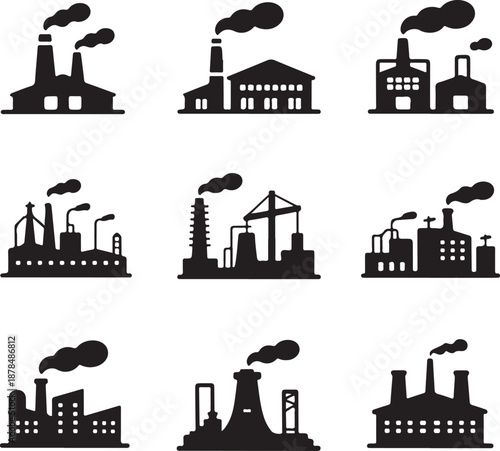 collection of industrial factory silhouettes with smokestacks