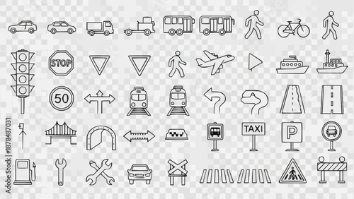 Collection of transportation and traffic symbols icons.