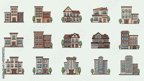 Collection of Diverse Building Facades in Flat Design Style.