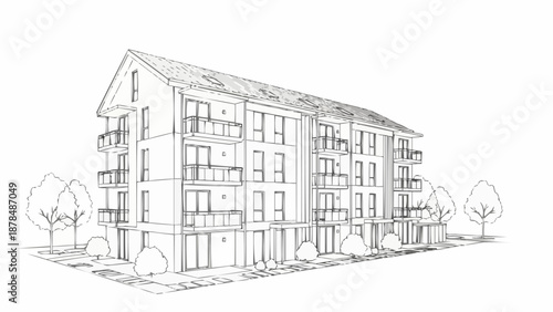 Modern Apartment Building Architectural Sketch Drawing.
