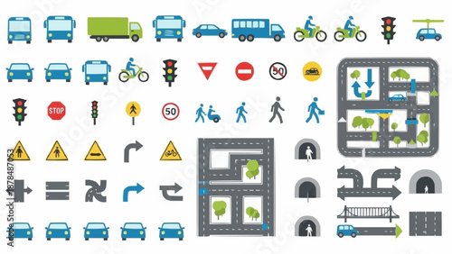 Collection of Transportation Icons and Road Elements.