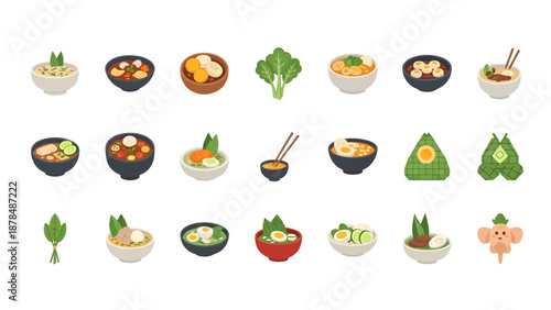 Isometric 3D Asian Food Icon Collection, Indonesian Traditional Dish Set, Meatball Soup, Soto, Ketupat, and Tasty Soups Isolated on White Background