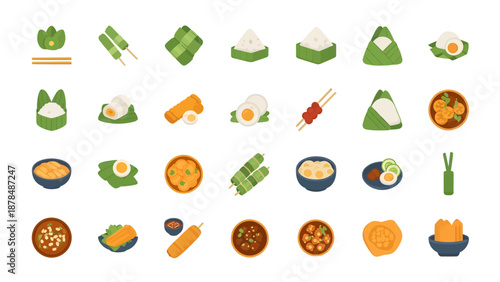 Indonesian Traditional Food Vector Icon Set, Eid Al-Fitr Dishes, Ketupat, Satay, Rice Wrap, and Asian Street Food Illustrations in Flat Style