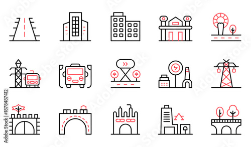 Urban Infrastructure and Public Transport Outline Icons Collection