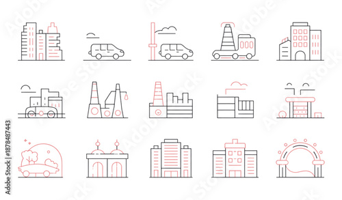 City Infrastructure and Urban Transport Line Icon Set with Buildings and Energy Facilities