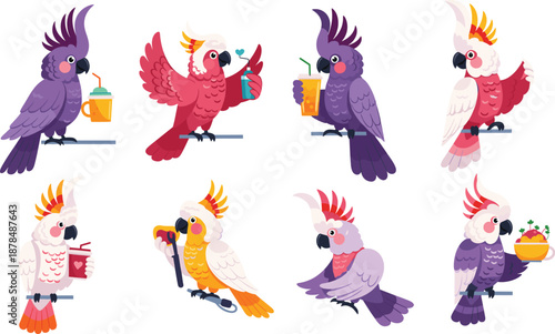 Cute colorful cockatoo parrot characters drinking juice and holding food vector illustration set for kids designs