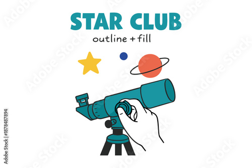 Hand adjusting telescope with star and planet illustrations for star club graphic