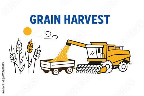 Grain harvest illustration with combine harvester and grain cart