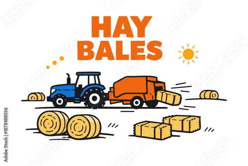 Colorful cartoon tractor collecting hay bales in sunny field