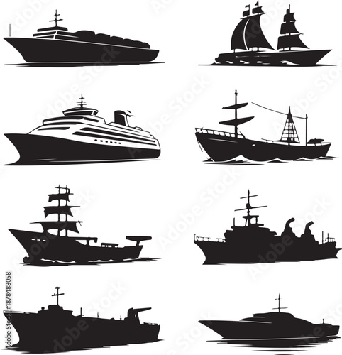 collection of various ship silhouettes on water