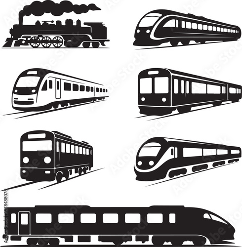 collection of various train types and designs in black silhouette on white background