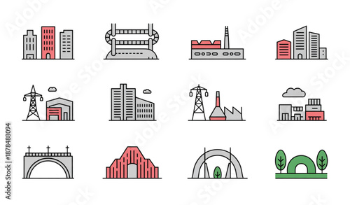 City Infrastructure and Urban Transport Line Icon Set with Buildings and Energy Symbols