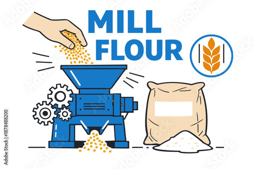 Hand pouring grain into blue mill for flour production