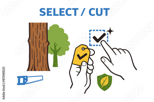 Hand selecting cut tree icon with checklist and saw for selective logging concept