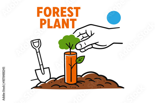 Hand planting sapling in soil with shovel under sun for forest conservation