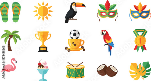 Brazil carnival and summer travel icon set vector illustration with tropical animals sports food and festival elements