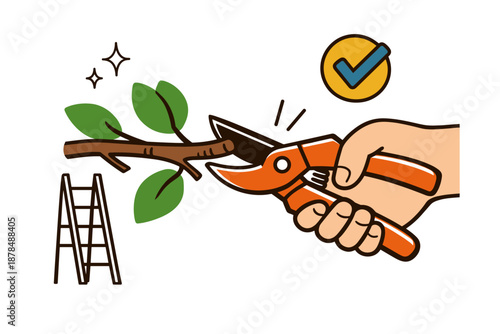 Hand trimming branch with pruning shears icon illustration