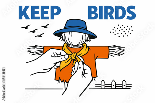 Scarecrow in hat and scarf with birds, fence, and knotted rope