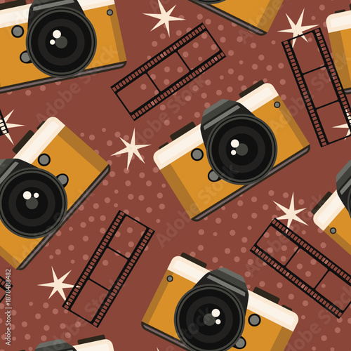 Seamless pattern with retro sketch photo camera. Vintage illustration for design, print for t-shirt, poster, card, wrapping paper. 