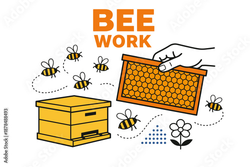 Bee work illustration: honeycomb, bees, hive, flower, hand