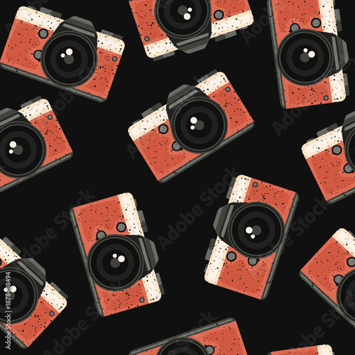 Seamless pattern with retro sketch photo camera. Vintage illustration for design, print for t-shirt, poster, card, wrapping paper. 