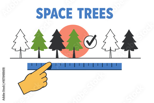Colorful space trees with measuring scale and hand illustration