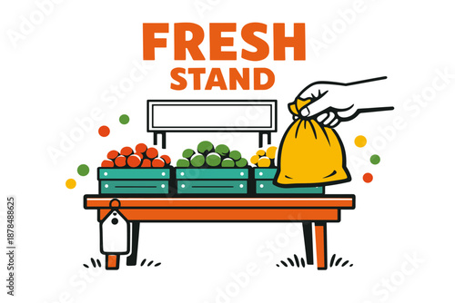 Fresh produce stand with hand holding yellow bag