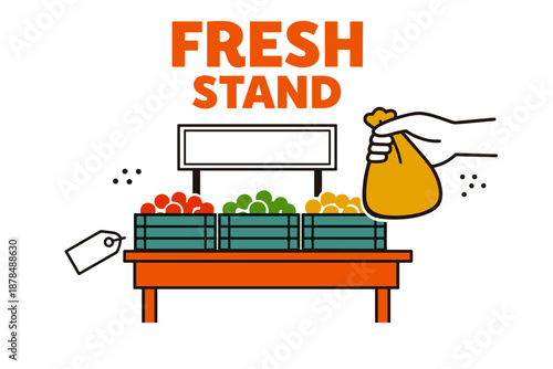 Fresh produce stand illustration with hand holding bag of groceries