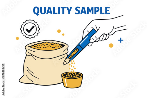 Inspecting grain quality with sampling probe and sack of corn illustration