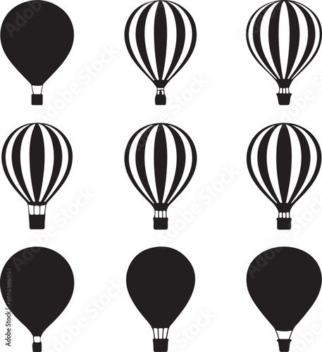 hot air balloons in various designs and patterns flying high