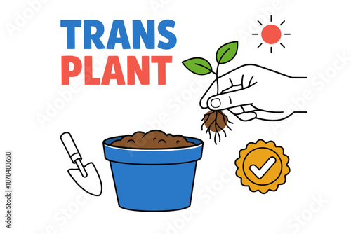 Hand transplanting seedling into pot with sun symbol and growth badge graphic