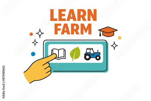 Educational farming app icons with book, tractor, and graduation cap