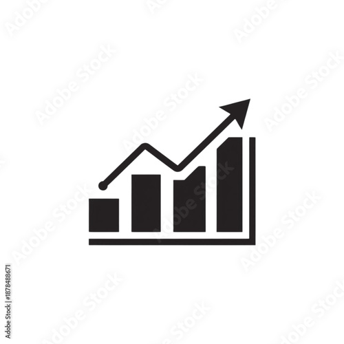 clean minimalist black data analytics icon featuring a bar chart with an upward trend line. Ideal for dashboards, statistics tools, business intelligence platforms, data visualization UI, and modern d
