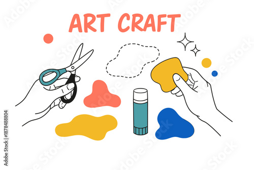 Hands crafting colorful art with scissors and glue stick on white background