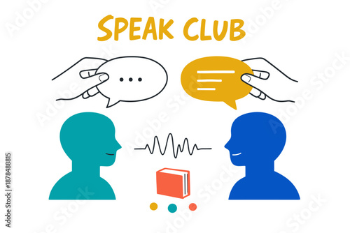 Speak club illustration with dialogue bubbles and sound waves