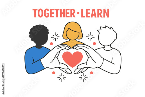 Together learn: diverse group embracing heart symbol with unified vision