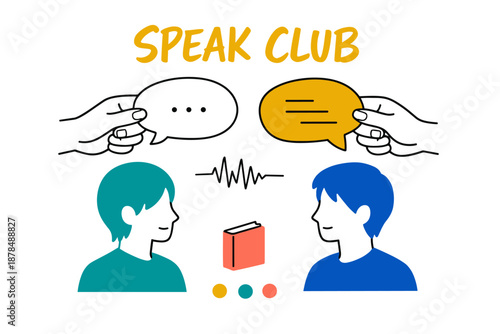 Cartoon illustration of two teens conversing with speech bubbles in speak club setting