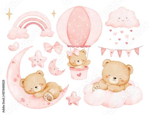 Watercolor Illustration Set Of Baby Bears with Nursery Elements