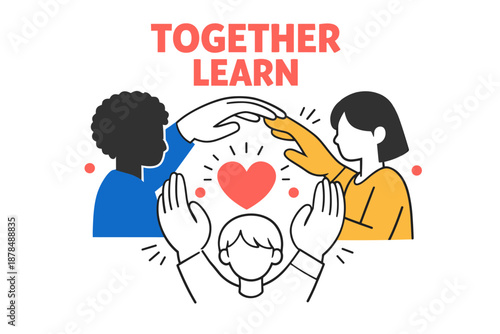 United learning: diverse group supporting child with heart symbol