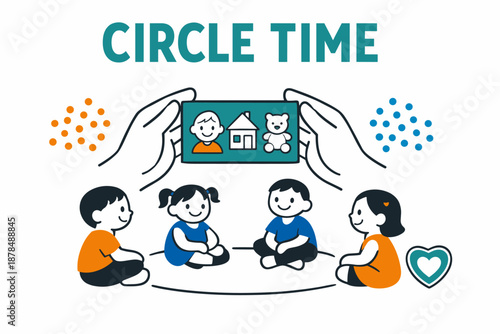 Children sitting in circle engaged in virtual learning activity