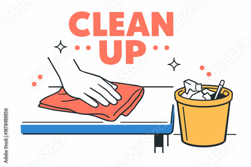 Illustrated hand cleaning surface with cloth and bucket for tidy environment
