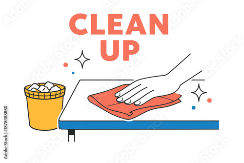 Hand wiping table with red cloth by trash can and sparkle symbols