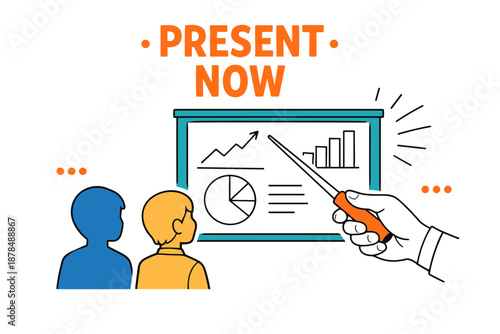 Two people observing a presentation screen with graphs and charts