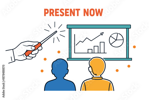 Presentation illustration with diverse figures analyzing growth charts on a screen