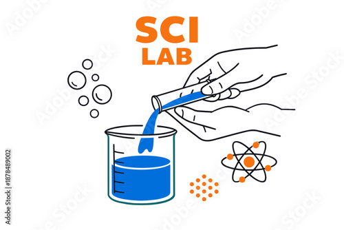 Science lab experiment: hands pouring liquid into beaker with atom and molecule symbols