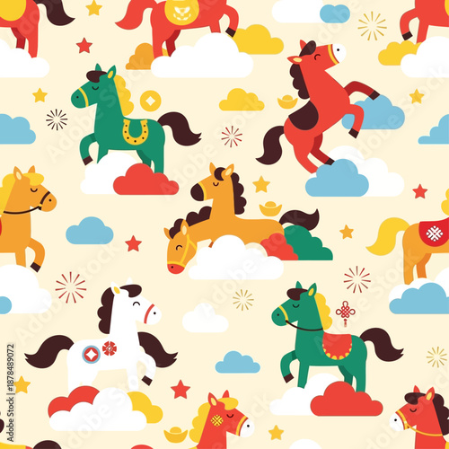 Seamless Pattern with Colorful Horses Jumping in Clouds and Stars, Cute Dreamy Background for Kids or Chinese New Year Vector