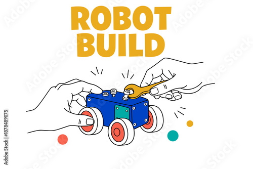 Hands assembling robot car with wrench and colorful elements