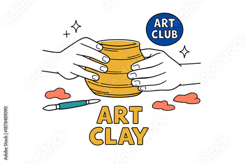 Hands crafting clay pot with tools in art club illustration