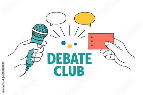 Debate club illustration with microphone and dialogue bubbles