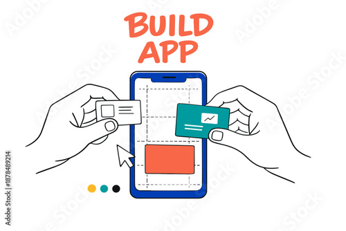 Hands designing mobile app interface with cards and icons
